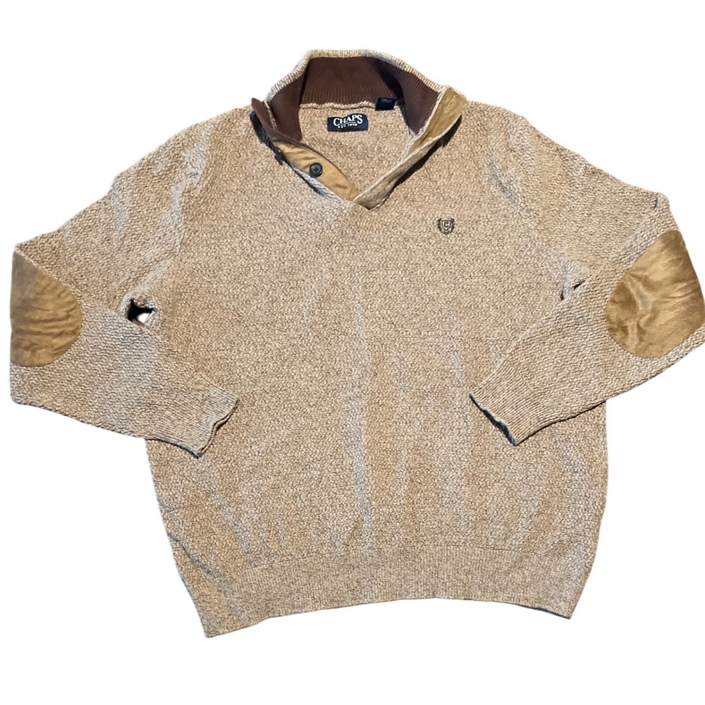 Chaps Mens XL Tan Textured Knit 1/4 Zip Pullover‎ Sweater Elbow Patches